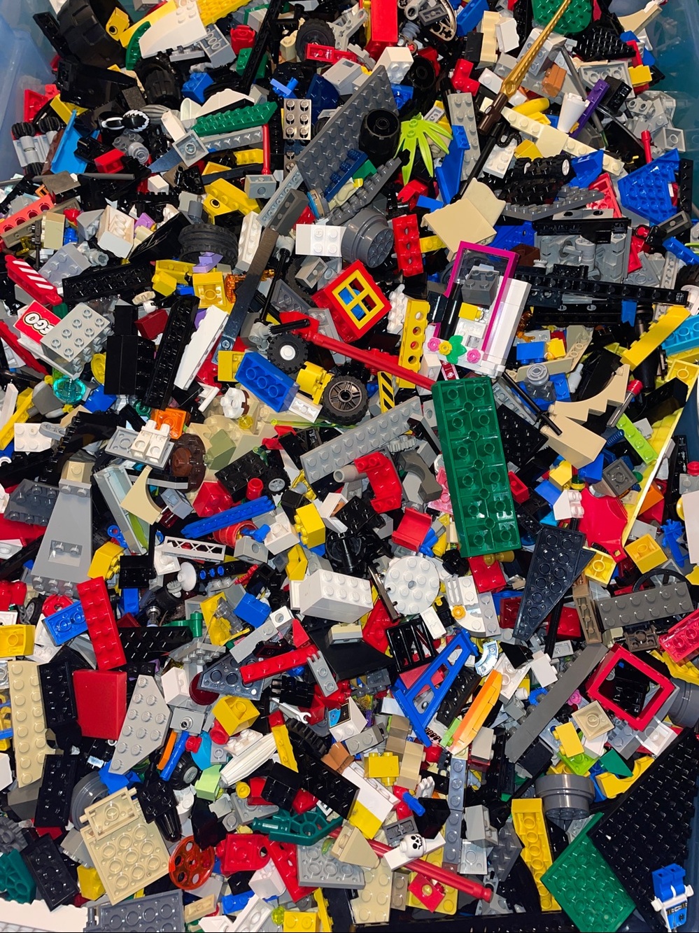 Lego Mixed Brick Lot with Blue, Red, Yellow, Black Pieces-10”x5” box full